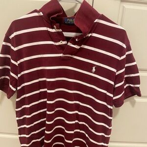 Excellent Condition- Men's Maroon and White Striped Polo by Ralph Lauren- XL